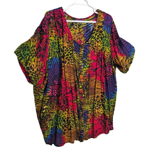 Roaman's Tops - Roamans Sz 36W Tunic Blouse Button Front Flowy Lightweight Rainbow Animal Print